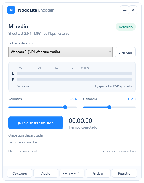 Ventana de Radio Encoder con entrada de audio y controles de transmisión